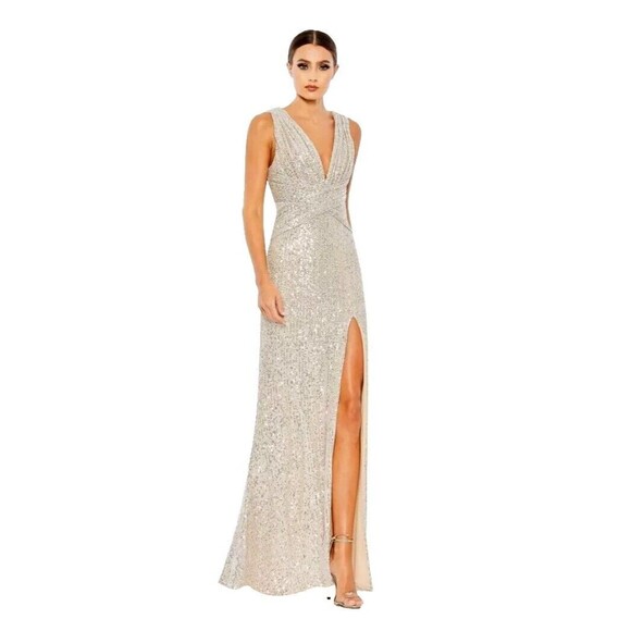 New MAC DUGGAL 26598 Nude Sequim V-Neck Wrap Waist Gown Women's (16)--$398 - Picture 2 of 16